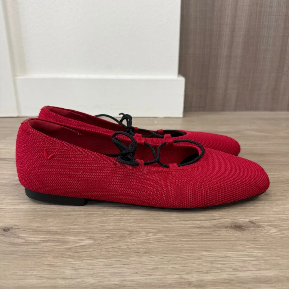 NEW Vivaia Ruby Red Square-Toe Lace Up Mary Janes Miley Flats Knit Size 39